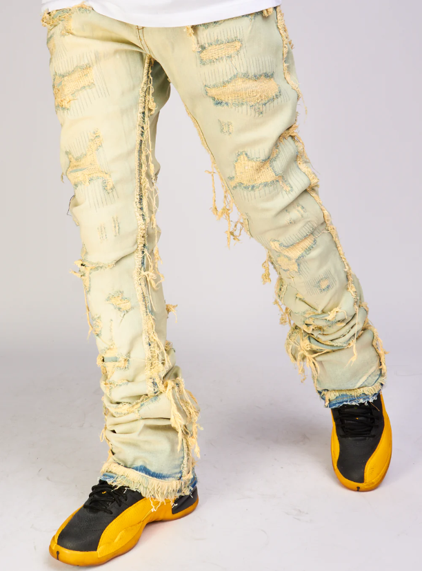 FOCUS MEN HEAVY DISTRESSED STACKED DENIM JEANS